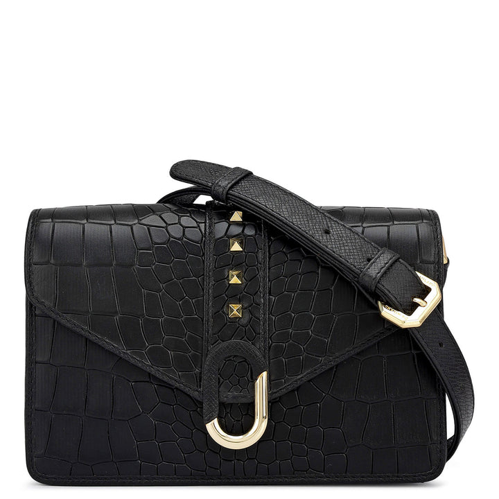 Small Croco Leather Shoulder Bag - Black