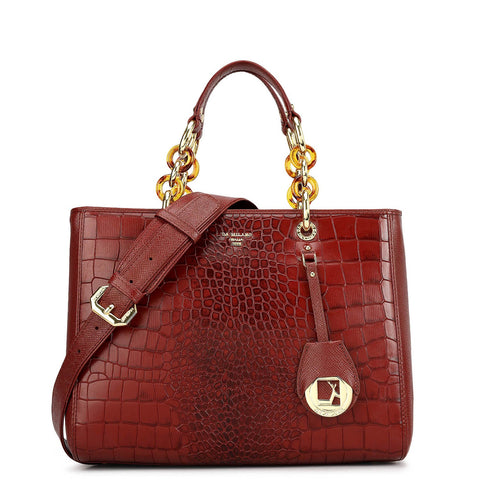 Medium Croco Leather Satchel - Cherry