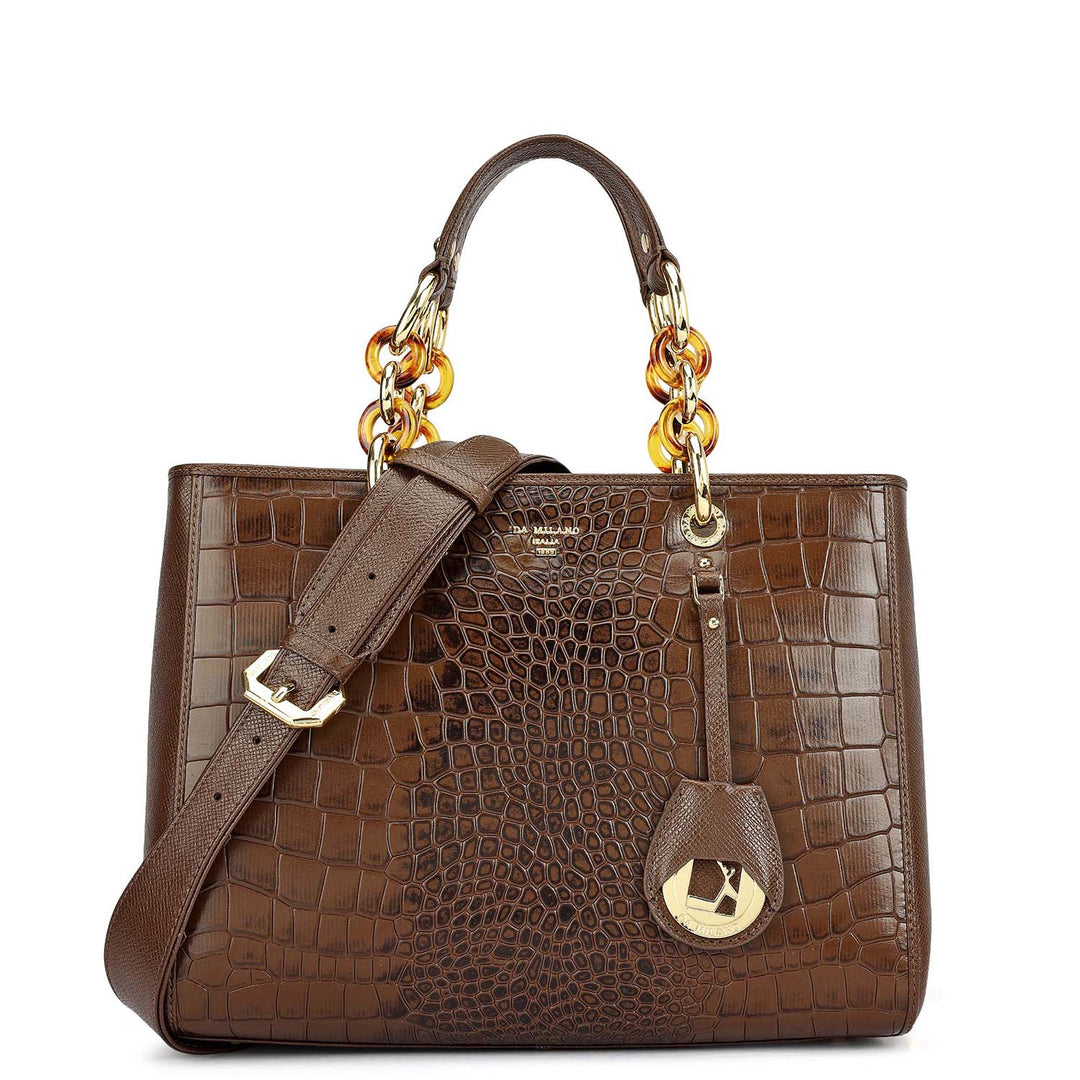 Medium Croco Leather Satchel - Walnut