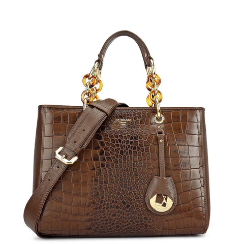 Medium Croco Leather Satchel - Walnut