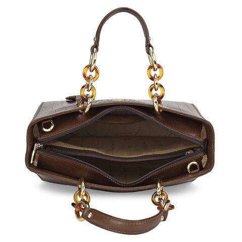 Medium Croco Leather Satchel - Walnut