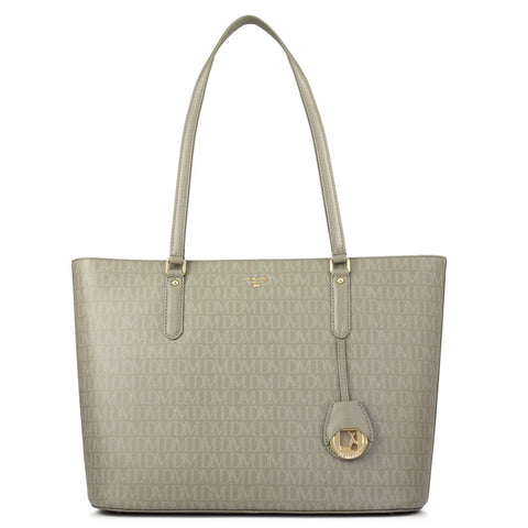 Large Monogram Leather Tote - Stone Grey