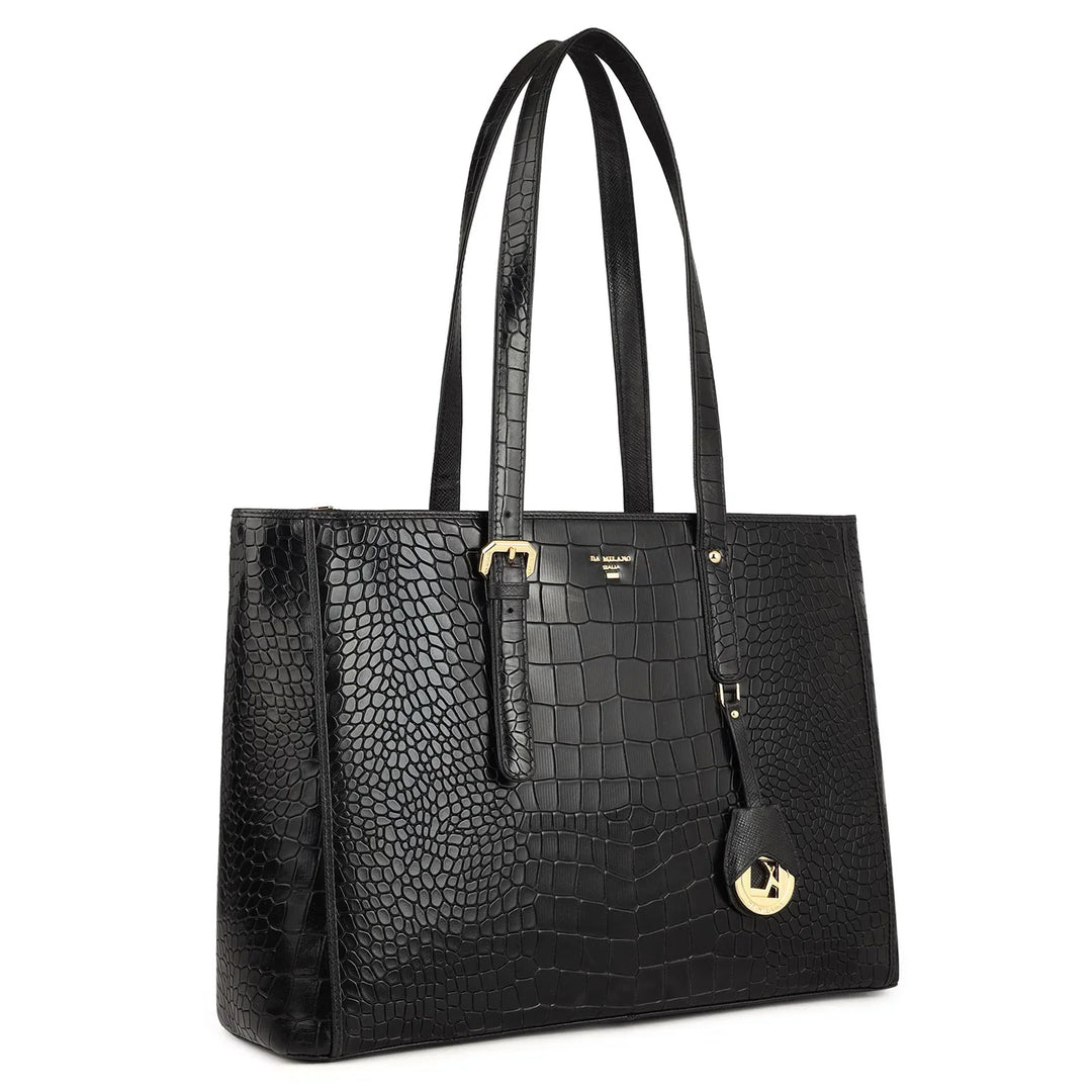 Large Croco Leather Tote - Black