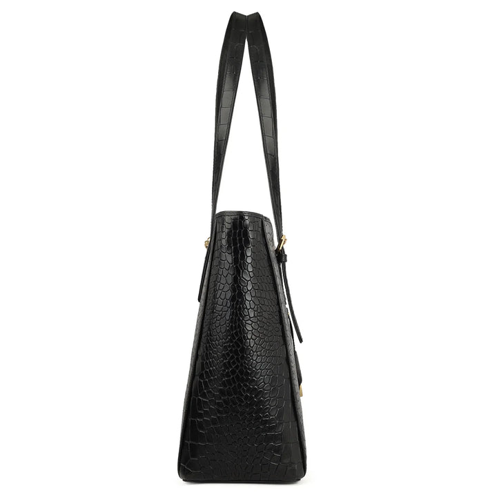 Large Croco Leather Tote - Black