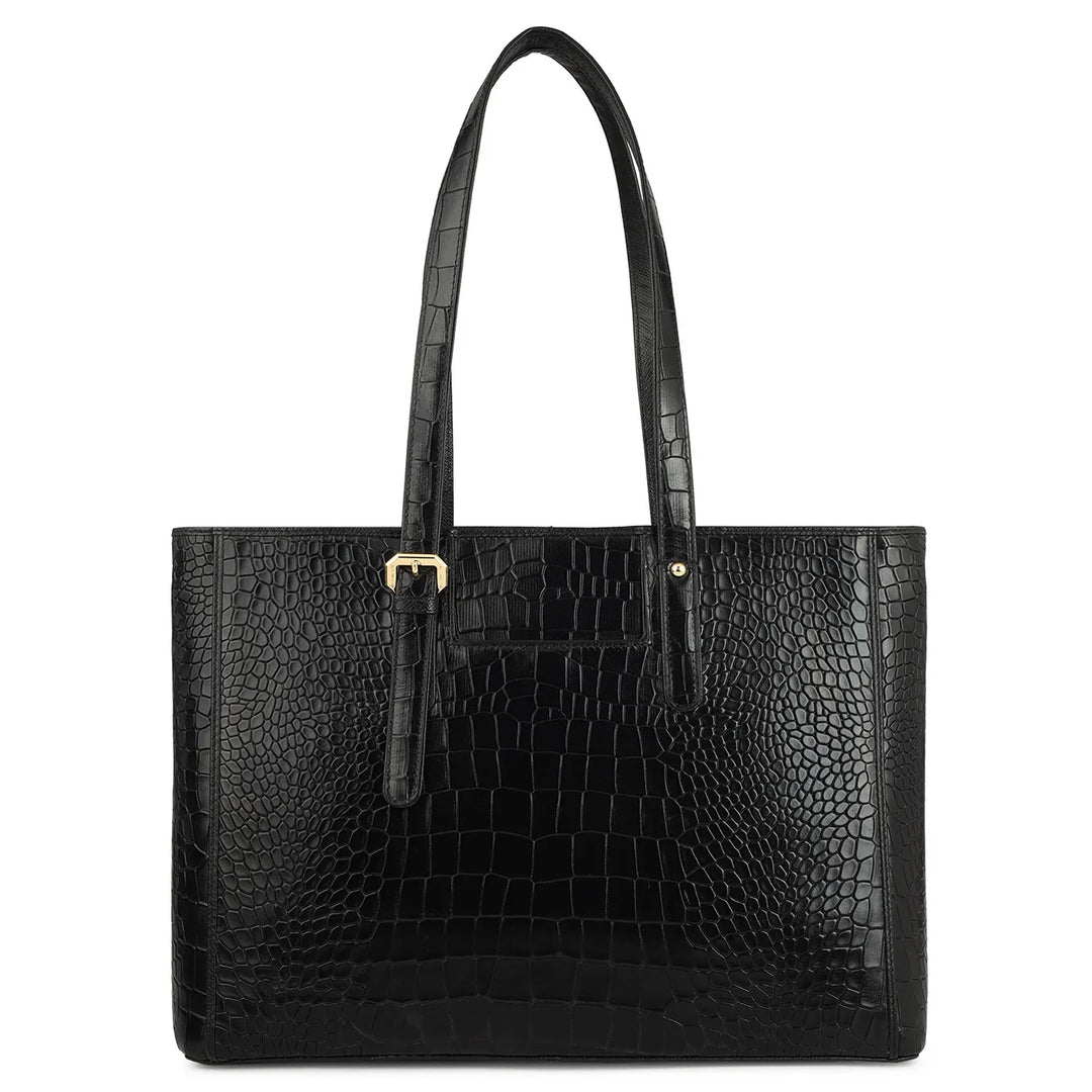 Large Croco Leather Tote - Black