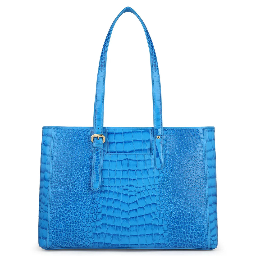 Large Croco Leather Tote - Blue