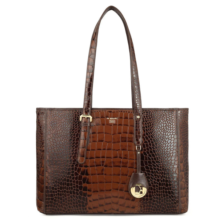 Large Croco Leather Tote - Brown