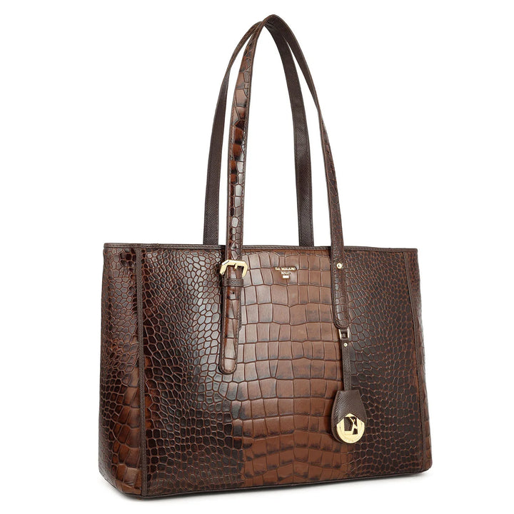 Large Croco Leather Tote - Brown