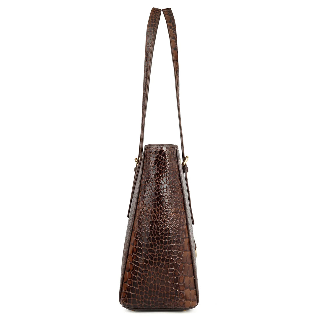 Large Croco Leather Tote - Brown