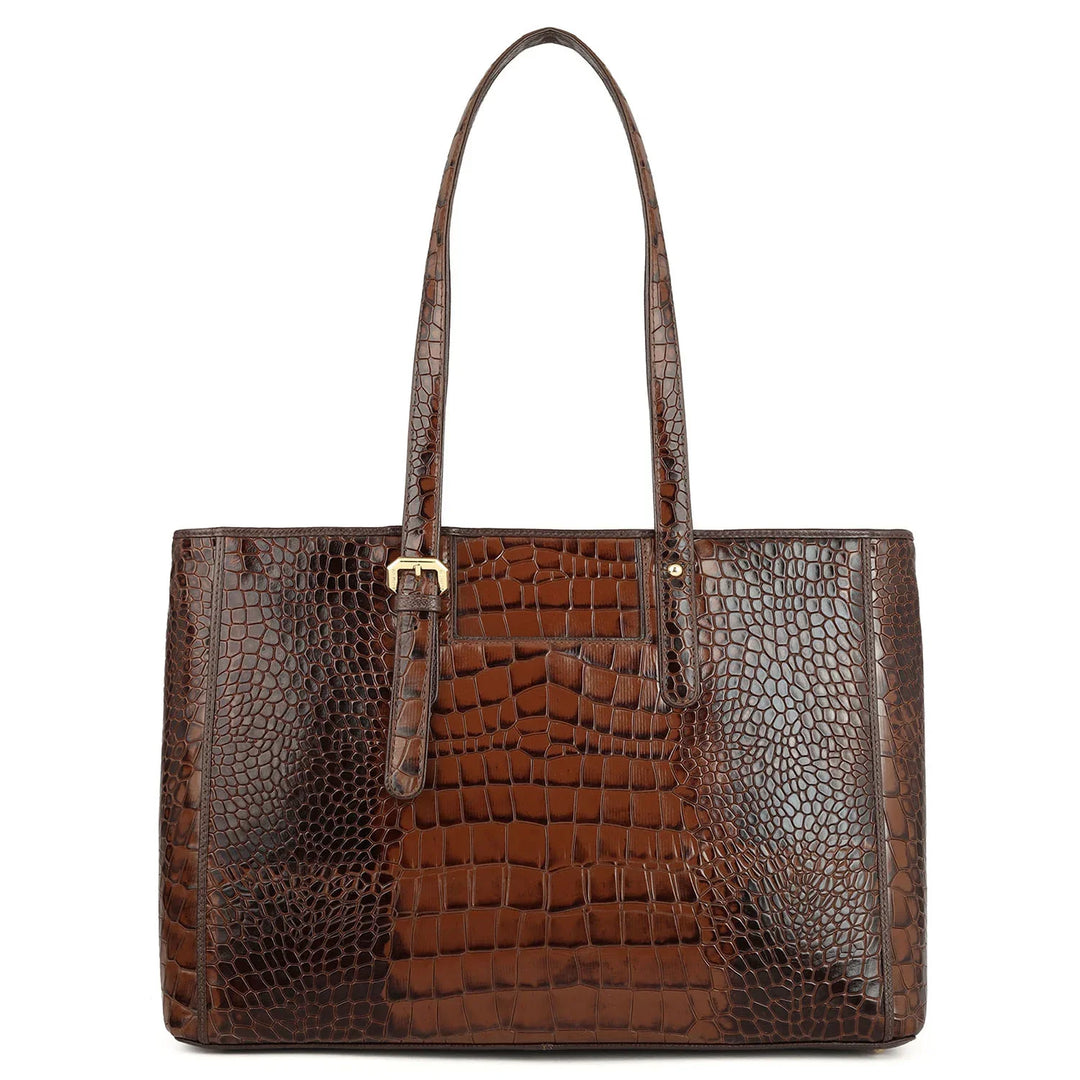 Large Croco Leather Tote - Brown