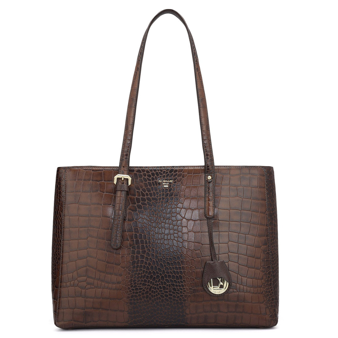 Large Croco Leather Tote - Brown