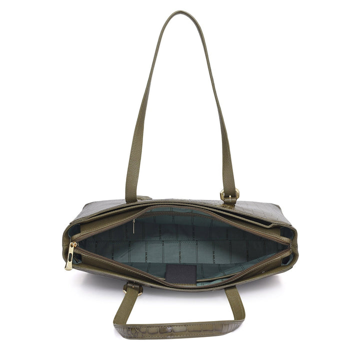 Large Croco Leather Tote - Military Green