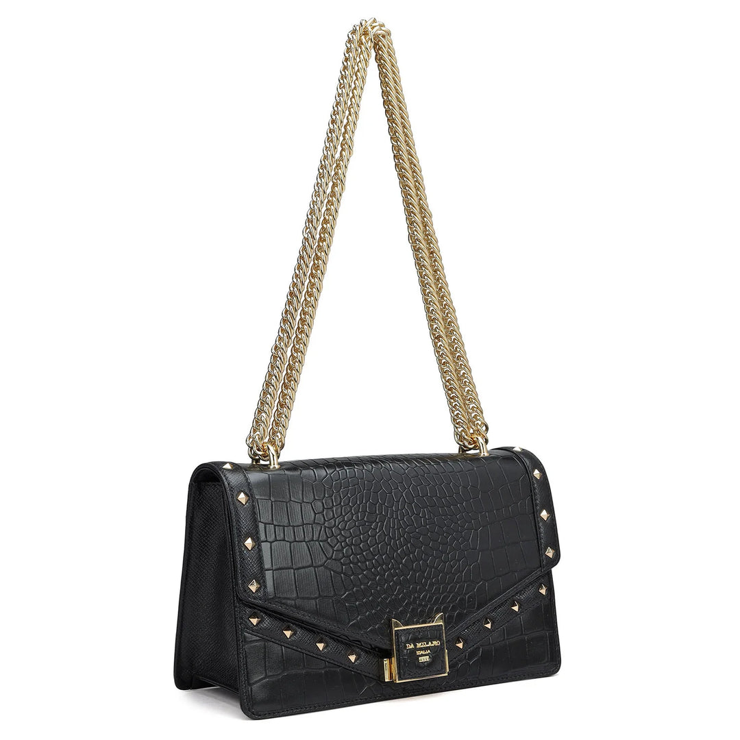 Small Croco Leather Shoulder Bag - Black