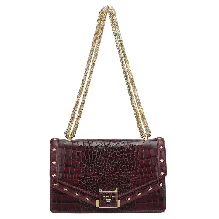 Small Croco Leather Shoulder Bag - Wine