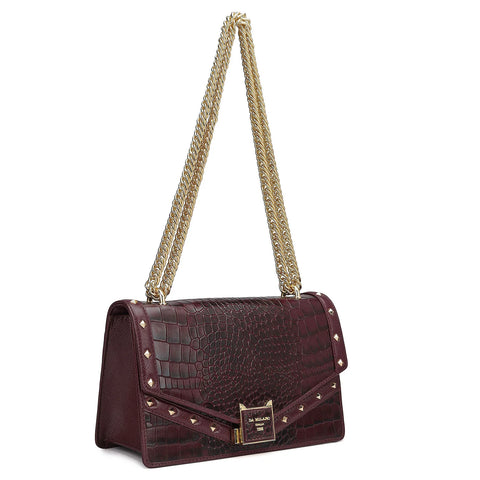 Small Croco Leather Shoulder Bag - Wine