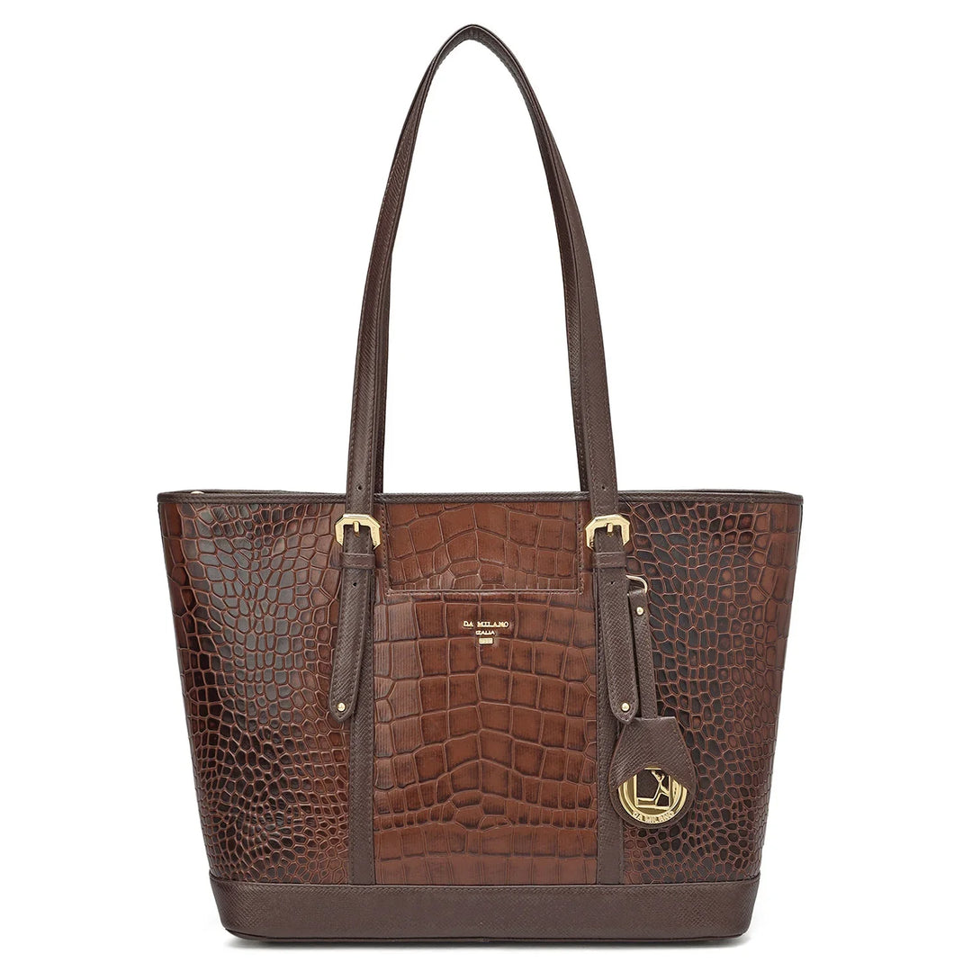 Medium Croco Leather Tote - Brown