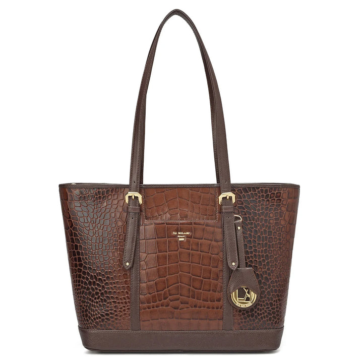 Medium Croco Leather Tote - Brown