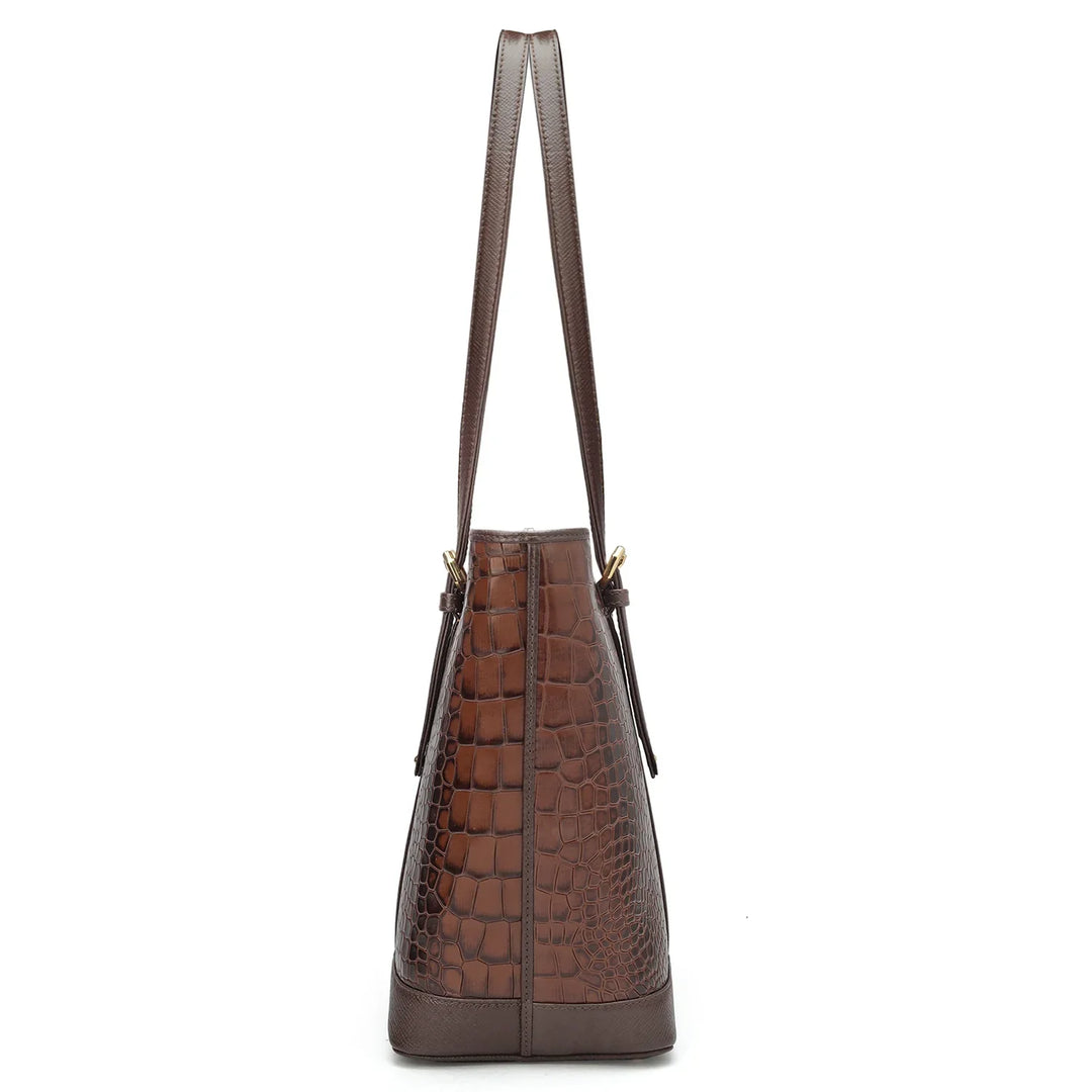 Medium Croco Leather Tote - Brown