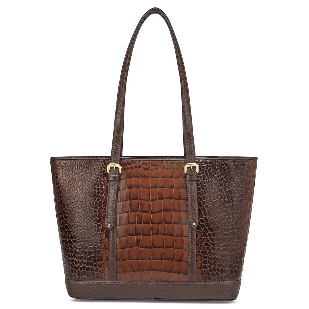 Medium Croco Leather Tote - Brown