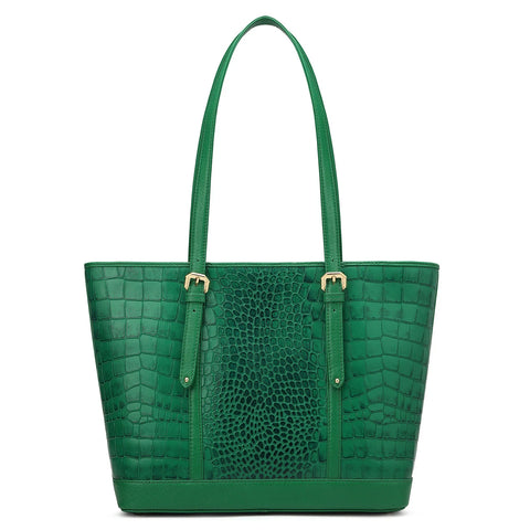 Medium Croco Leather Tote - Sea Weed