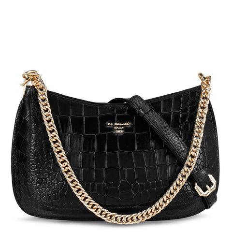 Small Croco Leather Baguette - Black