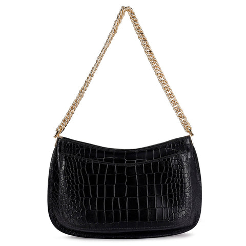 Small Croco Leather Baguette - Black