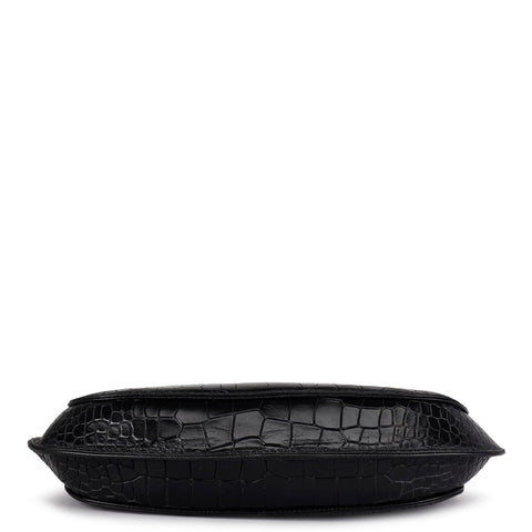 Small Croco Leather Baguette - Black