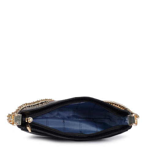 Small Croco Leather Baguette - Black