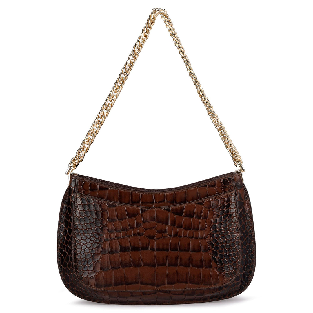 Small Croco Leather Baguette - Brown