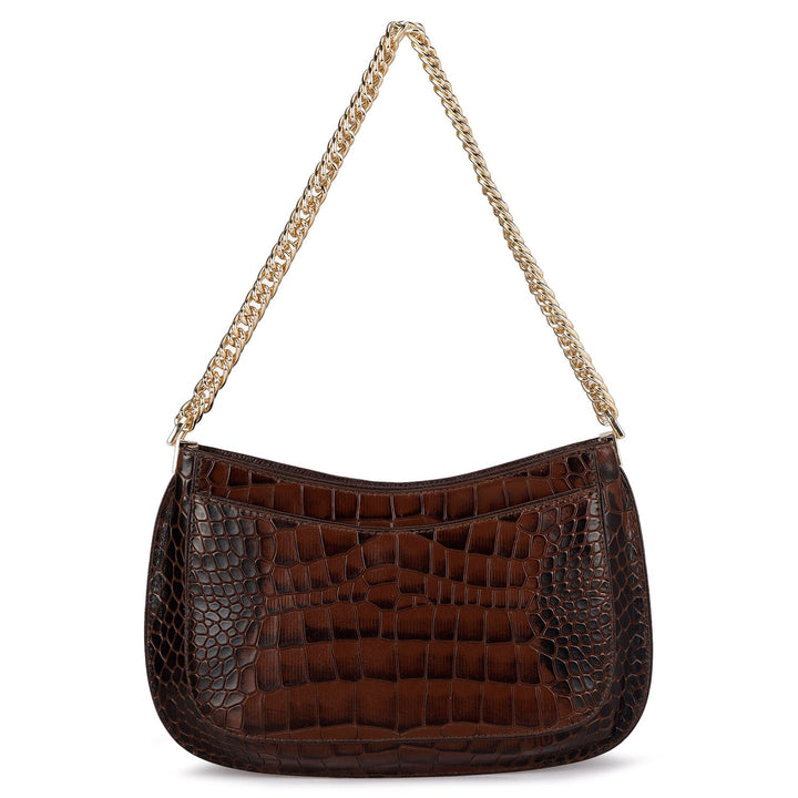 Small Croco Leather Baguette - Brown