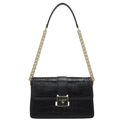 Da Milano Women's Leather Shoulder Bag - Small Croco Franzy - Black