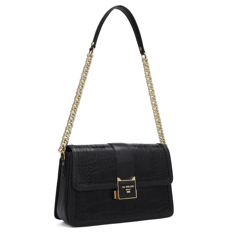 Da Milano Women's Leather Shoulder Bag - Small Croco Franzy - Black