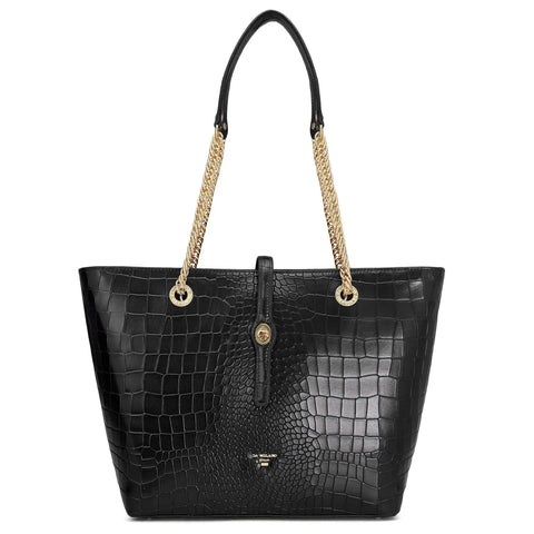 Medium Croco Leather Tote - Black