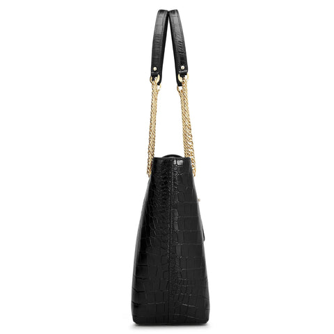 Medium Croco Leather Tote - Black