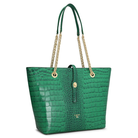 Medium Croco Leather Tote - Sea Weed