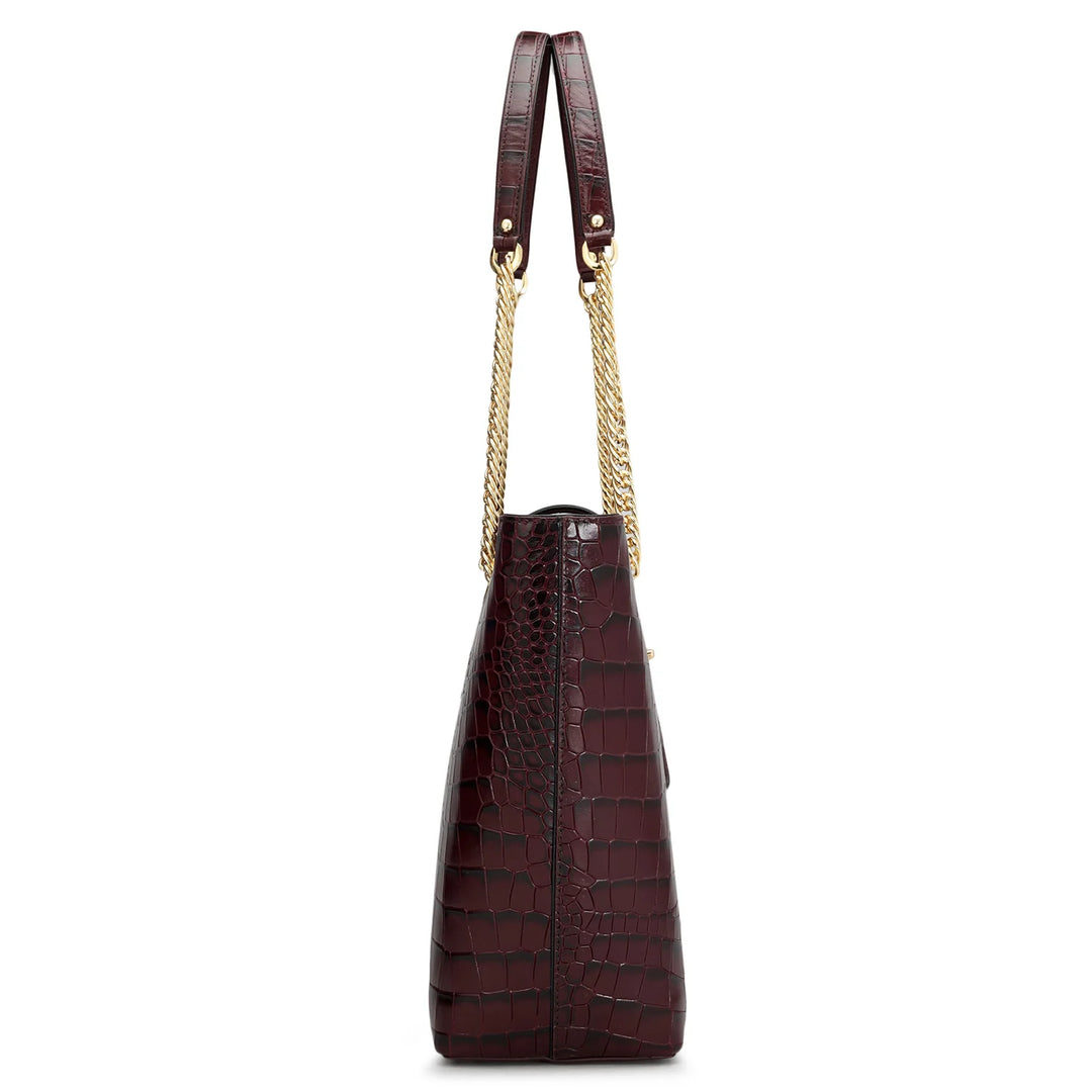 Medium Croco Leather Tote - Wine