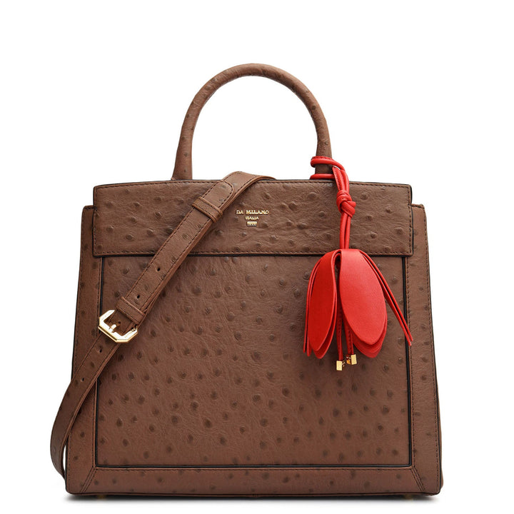 Small Ostrich Leather Book Tote - Mocha