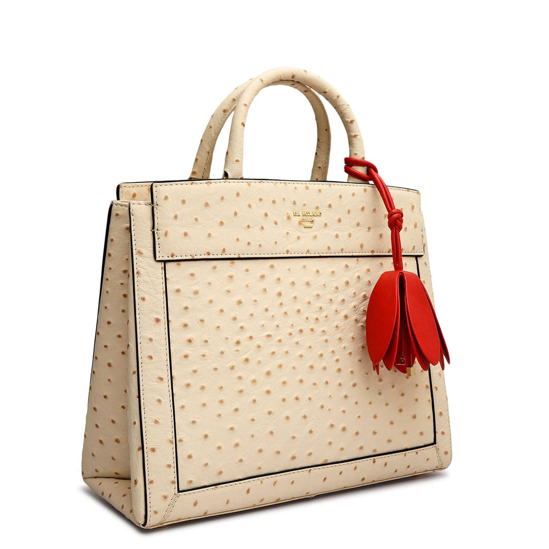 Small Ostrich Leather Book Tote - Vanilla