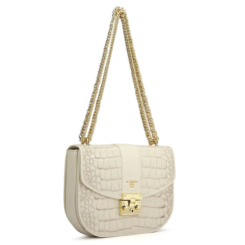Small Croco Franzy Leather Shoulder Bag - Marshmallow
