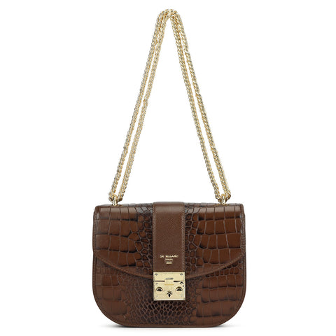 Small Croco Franzy Leather Shoulder Bag - Walnut