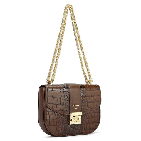 Small Croco Franzy Leather Shoulder Bag - Walnut
