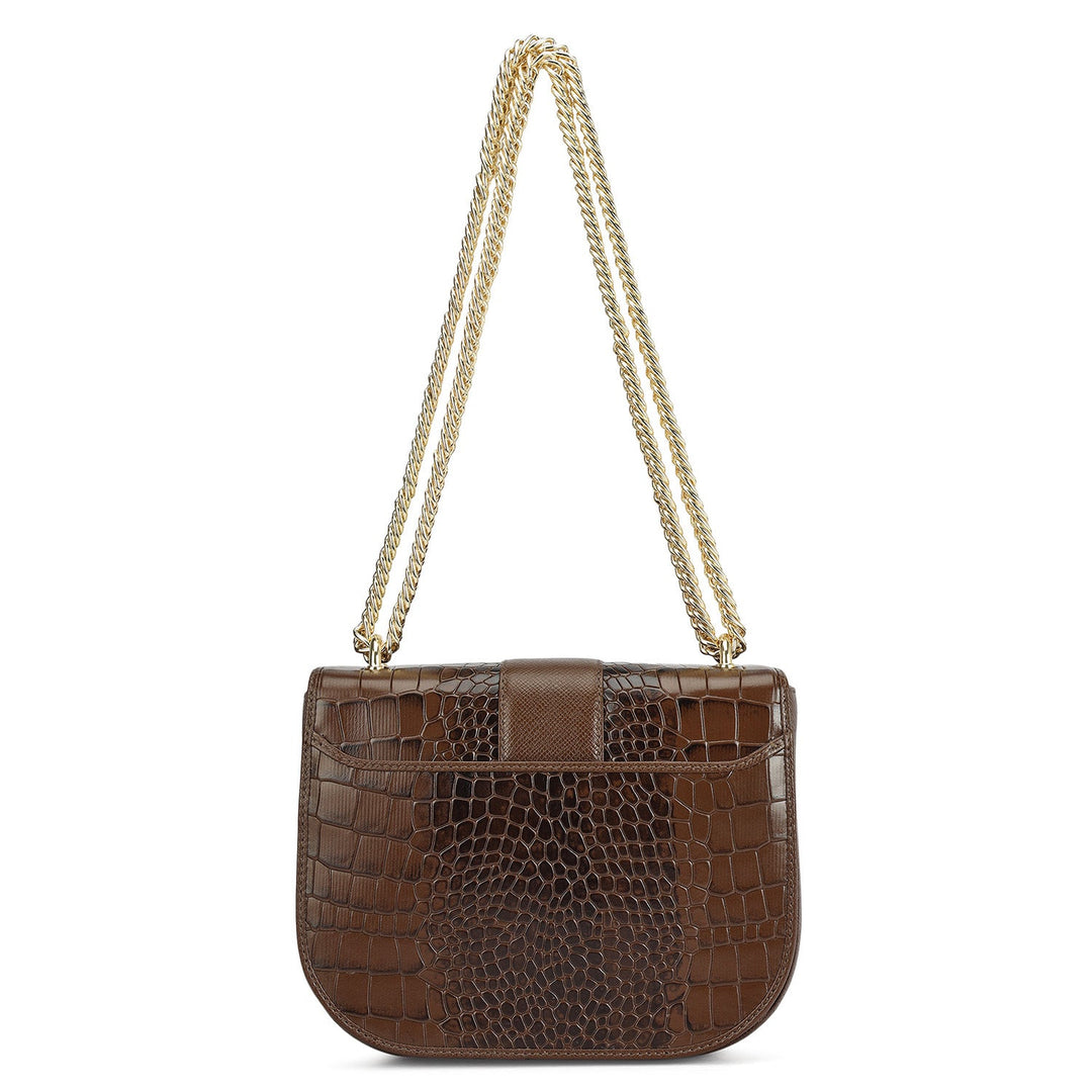 Small Croco Franzy Leather Shoulder Bag - Walnut