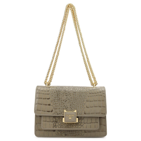 Croco-Textured Double Chain Bag (S) - Stone Grey