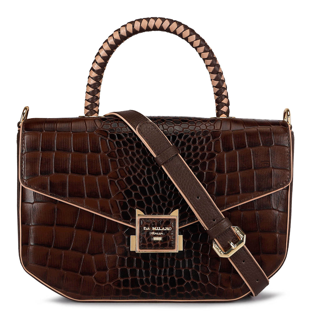 Small Croco Leather Satchel - Brown