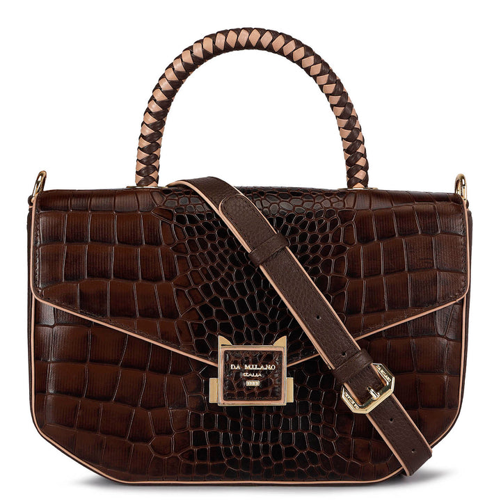 Small Croco Leather Satchel - Brown