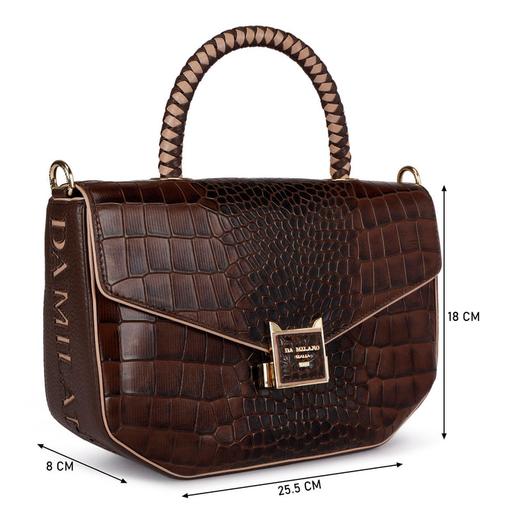 Small Croco Leather Satchel - Brown