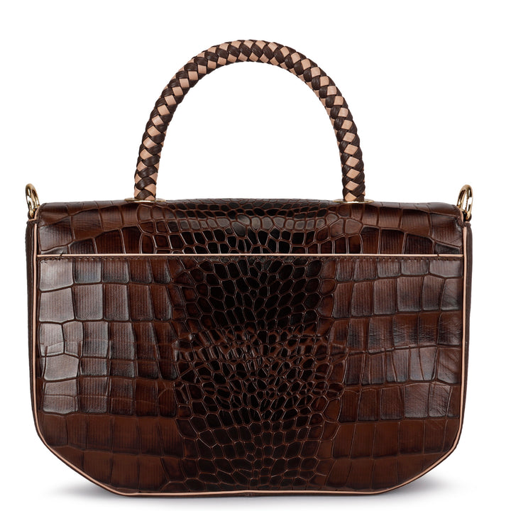 Small Croco Leather Satchel - Brown