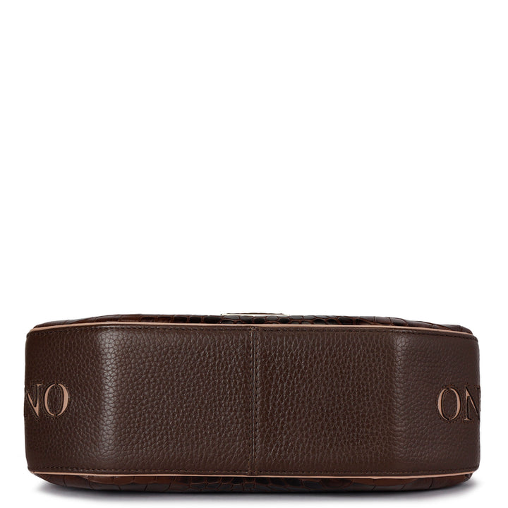 Small Croco Leather Satchel - Brown
