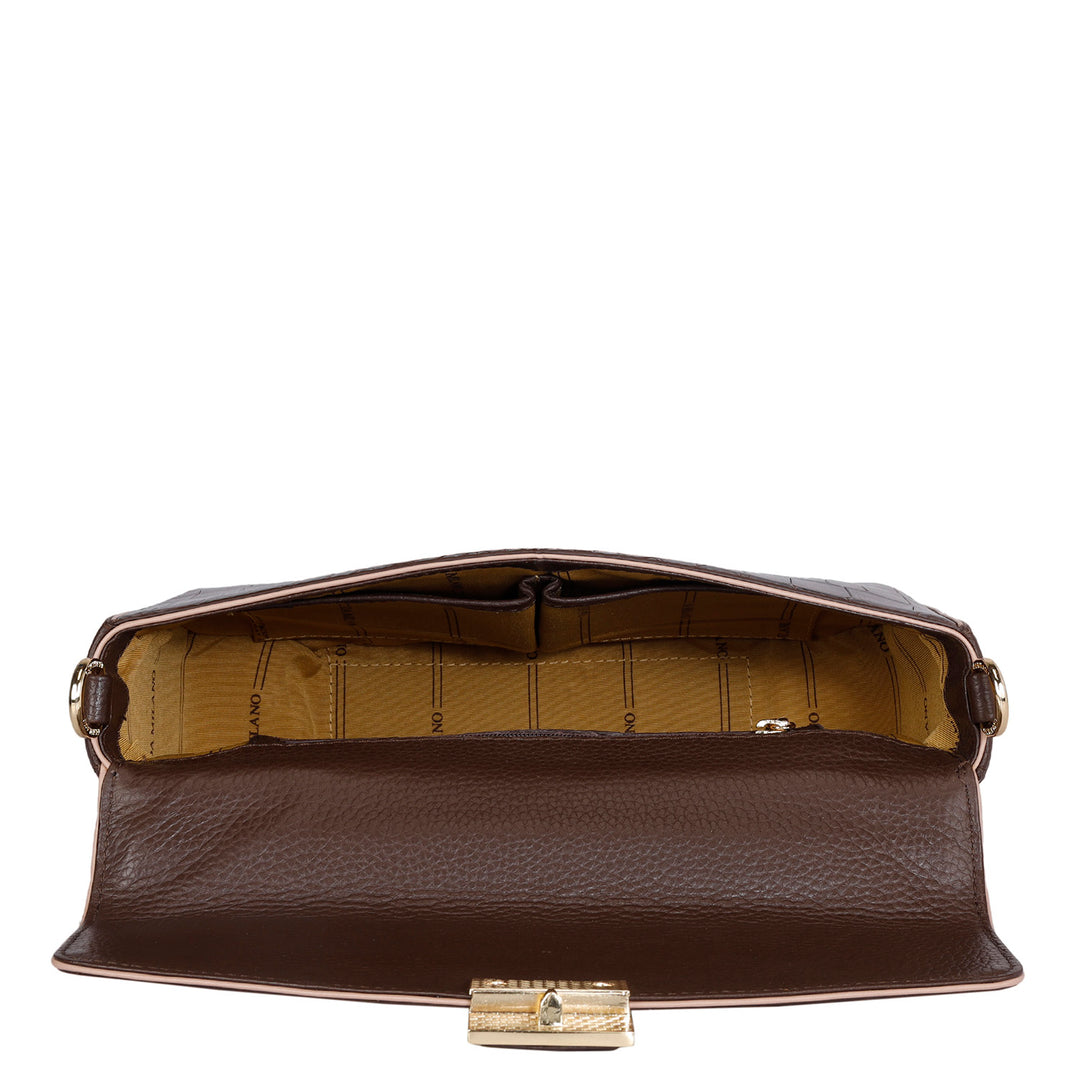 Small Croco Leather Satchel - Brown