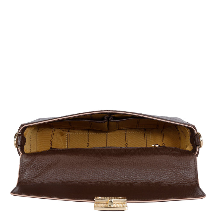 Small Croco Leather Satchel - Brown
